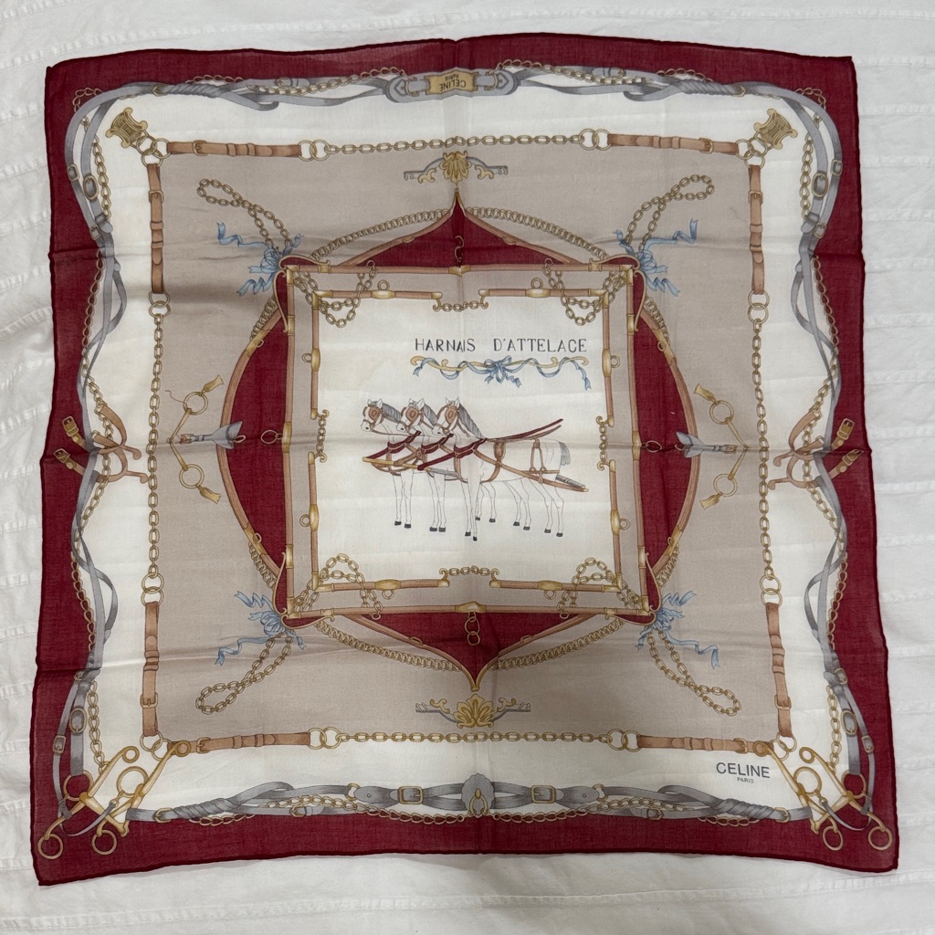 Celine Red, Cream And Beige 'Harnais D'attelace' Scarf 18x18